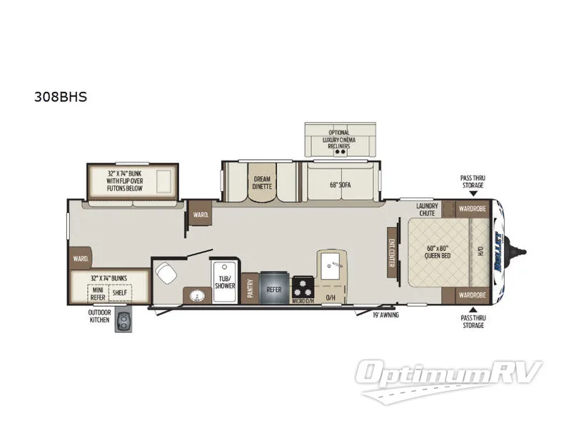 2019 Keystone Bullet 308BHS Floorplan Photo